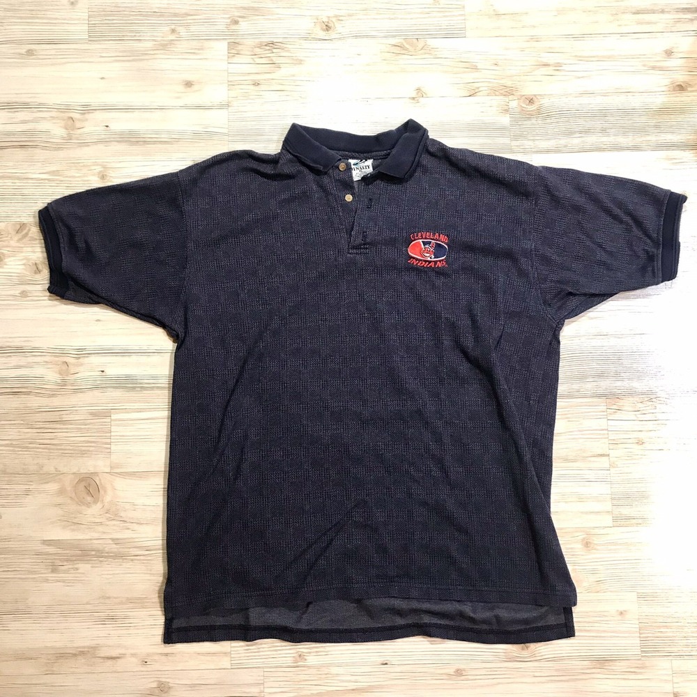 Vintage Cleveland Indians Polo Shirt Navy XL Dynasty Chief Wahoo Collared Vtg